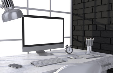 Fototapeta premium 3D illustration PC screen on table in office, Workspace