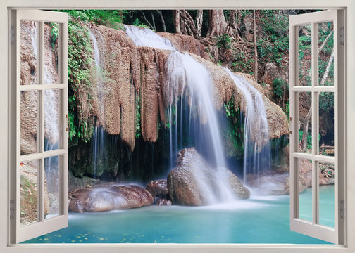 Fototapeta Otwarte okno widok Erawan Falls, Tajlandia