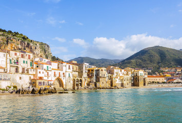 Fototapeta na wymiar View of beach town Cefalu in Sicily, Italy