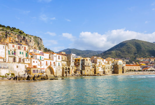 View of beach town Cefalu in Sicily, Italy