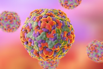 Illustration of Enterovirus D68 which causes respiratory infections in children on colorful background. A model is built using data of viral macromolecular structure from Protein Data Bank (PDB 4WM8)
