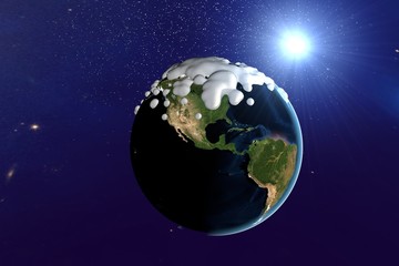 Fototapeta na wymiar Snowing. The planet Earth from space showing North and South America. The globe is covered with snow. Fantastic background. Elements of this image furnished by NASA