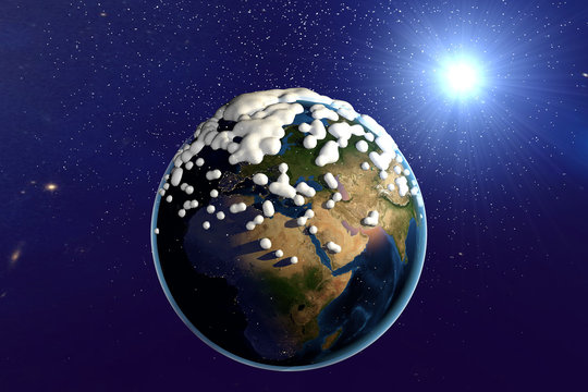 Snowing. The planet Earth from space showing Africa, Arabian Peninsula, Europe and Asia. The globe is covered with snow. Fantastic background. Elements of this image furnished by NASA