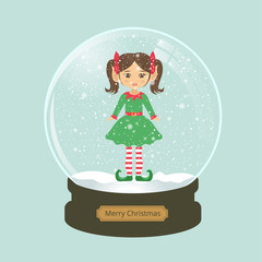 christmas snow globe with girl elf with tails