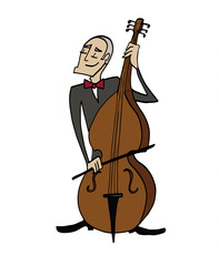 Cartoon bassist. Musician playing a bass. Clipart, hand-drawn simple illustration of a man playing a musical instrument.