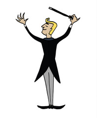 Cartoon conductor. Musician conductin with a baton. Clipart, hand-drawn simple illustration of a man conductng an orchestra concert.