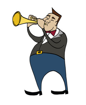 recommend clip art: Cartoon trumpeter. Musician playing a trumpet. Clipart, hand-drawn simple illustration of a man playing a musical instrument.