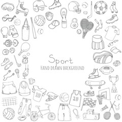 Hand drawn doodle sport set. Vector illustration. Sketchy sport related icons, tennis, golf, baseball, basketball, football, soccer, volleyball, rugby, hockey, fitness, boxing, running, bicycle