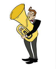 Cartoon tubist. Musician playing a tuba. Clipart, hand-drawn simple illustration of a man playing a musical instrument.