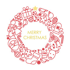 Stylized flat liner Christmas elements on ring shape postcard background. Merry Christmas or New Year postcard