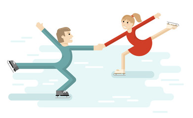Figure skating romantic couple. Pair ice dance on Skating rink. Ice skating. Vector illustration