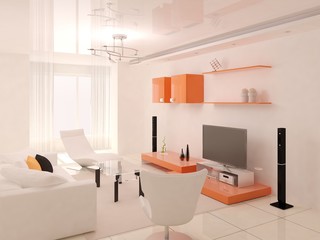 Minimalist orange living room.