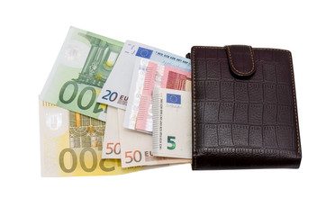 Open brown wallet with different euro banknotes isolated