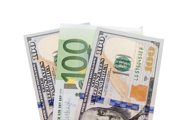 100 Euro and dollar bills isolated