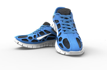 two blue running shoes isolates on white - obrazy, fototapety, plakaty