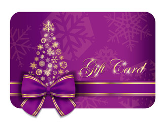 Luxury Christmas gift card with purple ribbon and gold snowflakes
