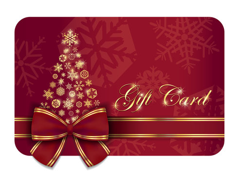 Red Christmas gift card with wine ribbon and gold snowflakes - Powered by Adobe