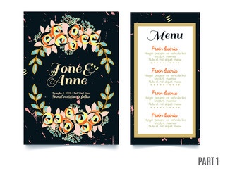 Trendy card with roses for weddings, save the date invitation, RSVP and thank you cards.
