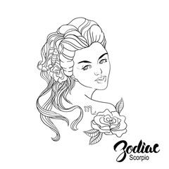 Zodiac. Vector illustration of Scorpio as girl with flowers. 