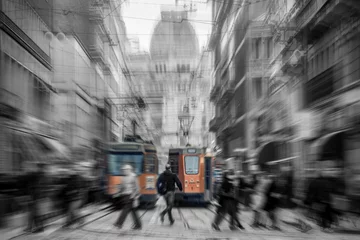 Printed kitchen splashbacks Milan tram in Milan city Italy - moved black and white photo 