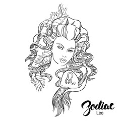Zodiac. Vector illustration of Leo as girl with flowers.