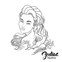 Zodiac. Vector illustration of Aquarius as girl with flowers.