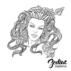 Zodiac. Vector illustration of Sagittarius as girl with flowers.