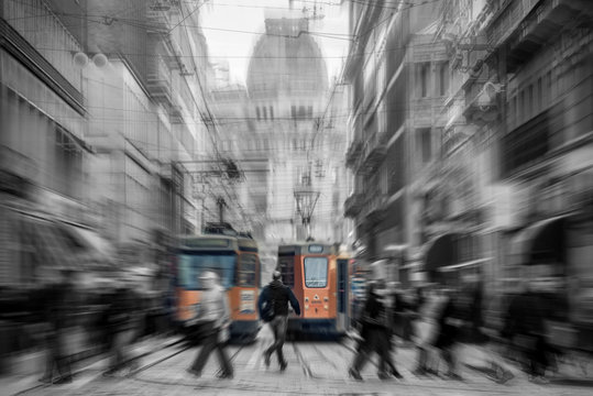 Fototapeta tram in Milan city Italy - moved black and white photo 