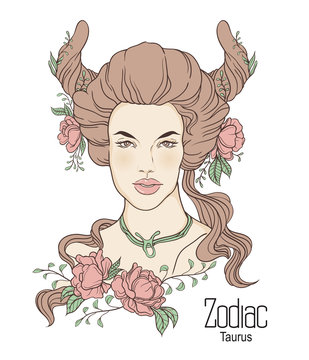 Zodiac. Vector illustration of Taurus as girl with flowers. 