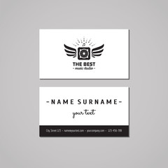 Music studio business card design concept. Music studio logo with music speaker and wings. Vintage, hipster and retro style. Black and white.