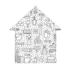 Home repair and construction outline gray vector background. Modern minimalistic design. House shape poster. Icons set.