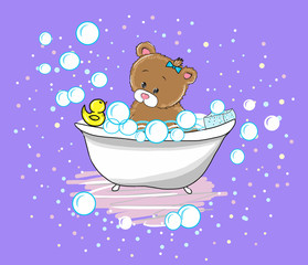 Vector Cute baby bear swims in the bathtub with foam and duck. Shampoo bubbles.