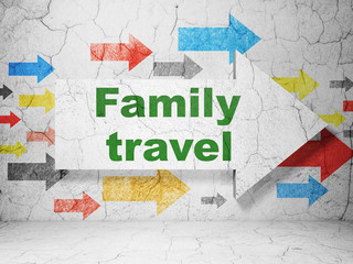 Travel concept: arrow with Family Travel on grunge wall background