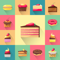 Confectionery set of isolated cakes icons with shadows