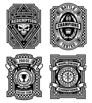 Ornate black and white emblem graphic design set