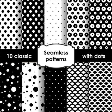 Set of classic black seamless patterns with dots