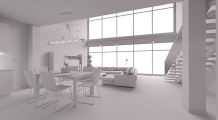 Naklejka na ściany i meble 3D Interior rendering of a modern tiny loft