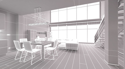 3D Interior rendering of a modern tiny loft