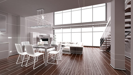 3D Interior rendering of a modern tiny loft