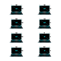 Set of the sizes of a matrix of laptops inches, height and width.