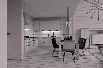 3D Interior rendering of a modern tiny loft