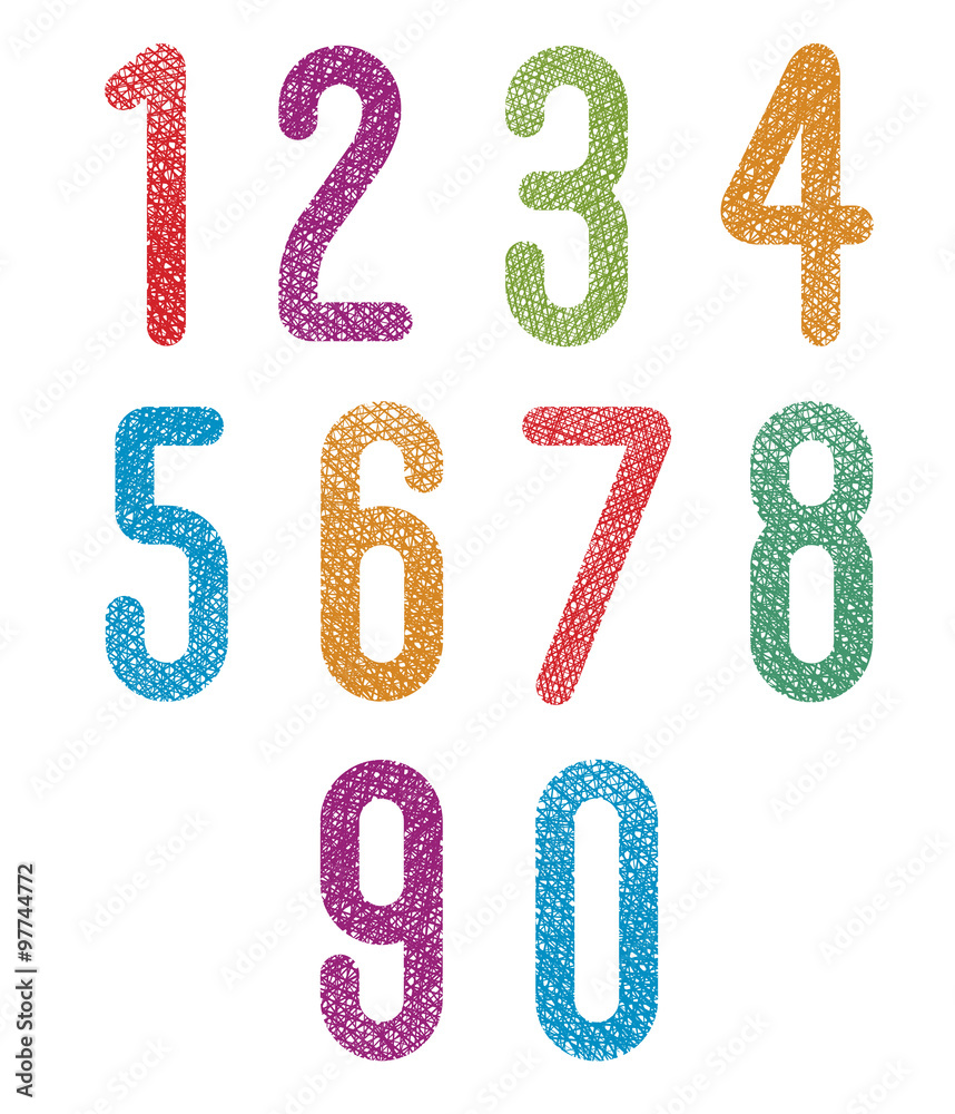 Fototapete retro style geometric rounded numbers set with hand drawn lines