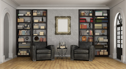 Luxury living room with large bookcase and armchairs © archideaphoto