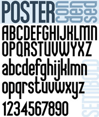 Poster black semibold condensed font and numbers.