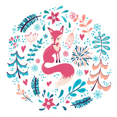 Fox with winter flowers and snowflakes