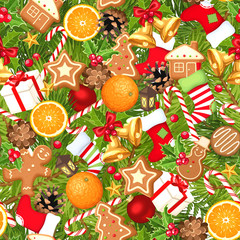 Vector seamless background with fir branches, balls, bells, gingerbread cookies, candy canes, cones, socks and boxes.