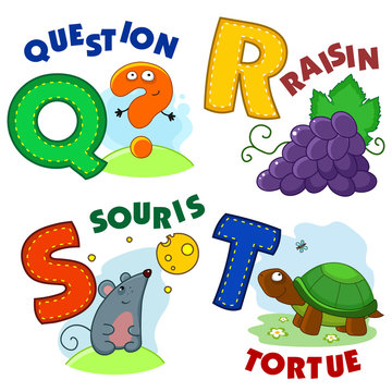 French alphabet with letters a Q R S T in the picture, and the question, grapes, mouse, turtle.