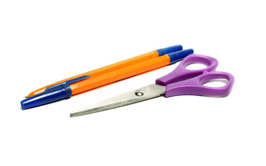 pen and scissors on a white background