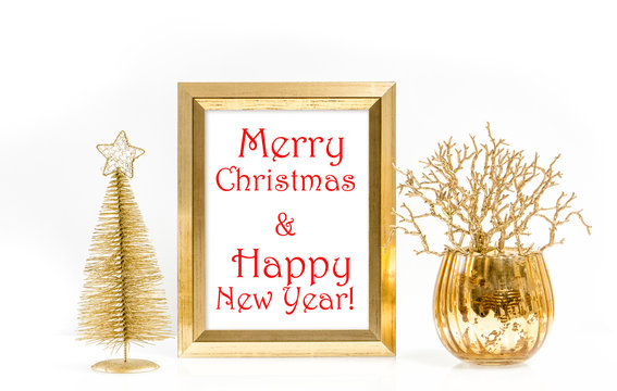 Golden frame and Christmas decoration. Greetings card concept