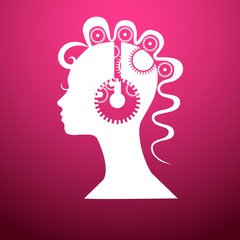 head with gears, vector illustration on a pink background